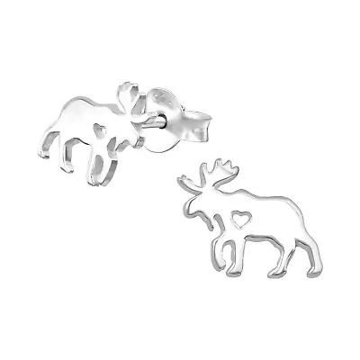 Moose With Heart Stud Earings 925 Sterling Silver Push Back • $12.99