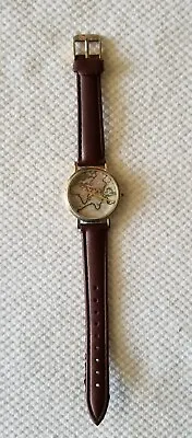 World Map Gold Tone Watch Elephant Logo Faux Leather Band 6 -7.25  New Battery • $2.70