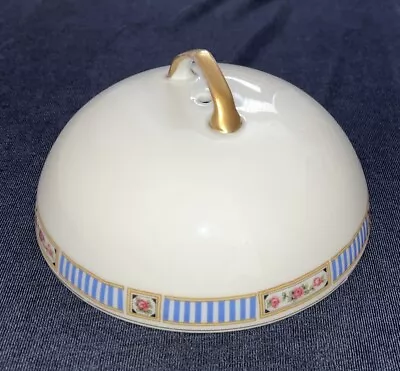 VICTORIA Czecho - Slovakia Round Butter Dish Lid Only Roses Blue Stripes VIT151 • $10