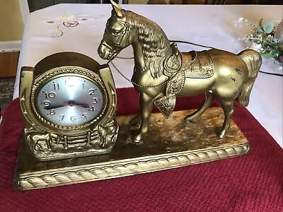Vtg Sessions Horse Electric Clock WORKS!Western/Horse Theme Gold Metal Case. • $35
