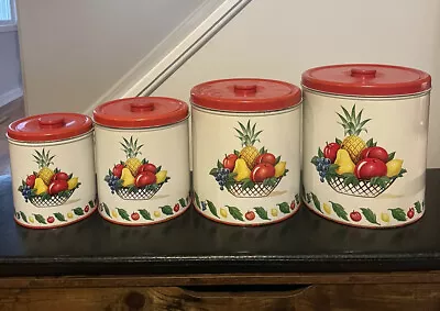 Nesting Canister Set Of 4 Vintage Fruit Decoware Metal Kitchen Made In USA • $35