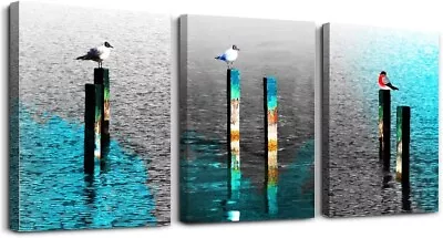 SERIMINO 3 Piece Wall Home Modern Artwork Sea And Bird Canvas Picture Framed • $24.95