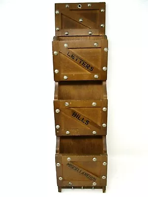 Vintage Wood Mail Sorting Key Hooks Wall Mounted 22in 3 Slots Letters Bills Misc • $29.99