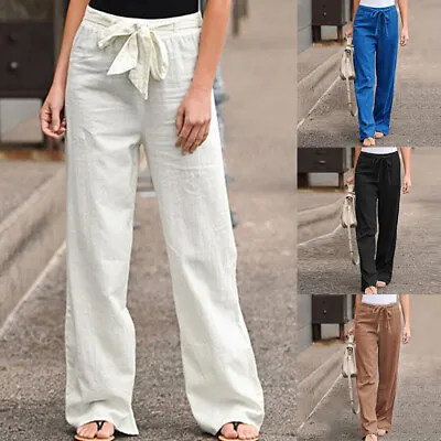 Women Cotton Linen Wide Leg Trousers Elastic High Waist Loose Baggy Casual Pants • £9.59