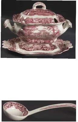 Mason’s Ironstone China Vista Pink Red Sauce Tureen Lid Ladle Underplate Euc • $447.77