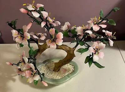 Vintage Chinese Peking Glass Stone Jade Cherry Blossom Bonsai Tree Pink Flowers • $54.99