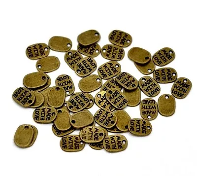 10 'Made With Love' Charms Tags 11mm X 8mm Antique Bronze Tone  J14389F • £2.79