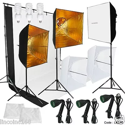 Photography Lighting Muslin Backdrop Stand Studio Kit 3 Light Bulb 3 Backdrop • $149.95