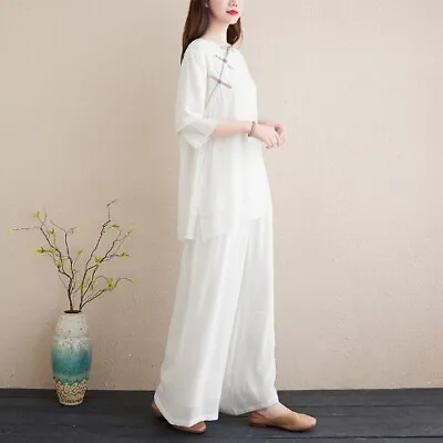 2023 White Zen Retro Casual Tang Suit Cotton Linen Tea Meditation Clothing Pants • $60.97