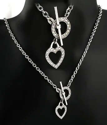 Stunning 9ct White Gold T Bar Heart Necklace W/ CZ Stones • £229.99