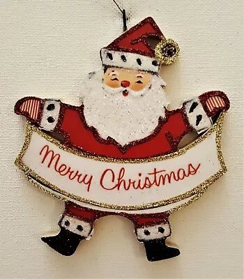 SANTA CLAUS Holding BANNER W MERRY CHRISTMAS  * Glitter ORNAMENT * Vtg Img • $10.50