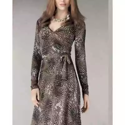 CAbi Dappled Dots Surplice Faux Wrap Dress #658 Brown Women S Medium BeltStretch • $24.99