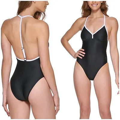 NEW DKNY Womens Size XXL Black White Trim T-Back V-neck One-Piece Swimsuit • $39.99