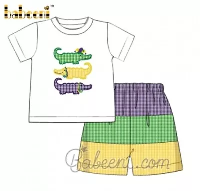 $35 • Buy NWT Size 6T Mardi Gras Colorful Alligator Applique Boy Shorts & Shirt FREE SHIP