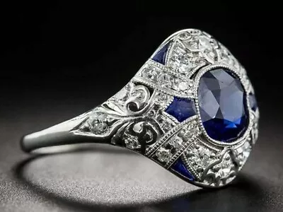 Art Deco Vintage Style 3Ct Lab Created Blue Sapphire 14K White Gold Finish Ring • $78.75