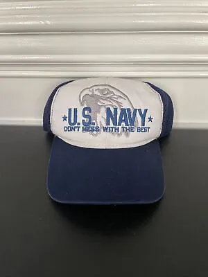 Vintage US Navy American Eagle Mesh Snapback Trucker Hat White Blue Adjustable • $8.50