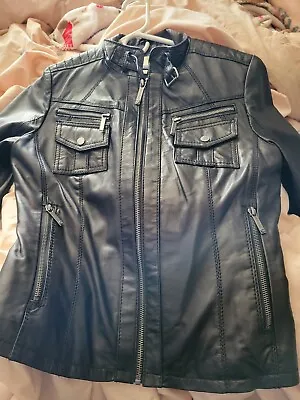 MICHAEL KORS Black Genuine Leather Moto Biker Jacket-Size M-Excellent Condition • $75