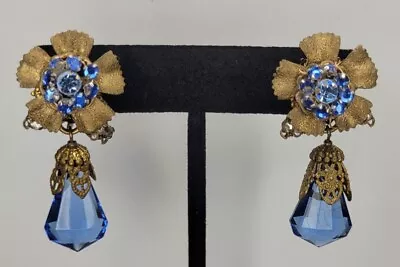 Gorgeous MIRIAM HASKELL Signed Dangle Earrings Sky Blue Glass Brass Accents RS • $289