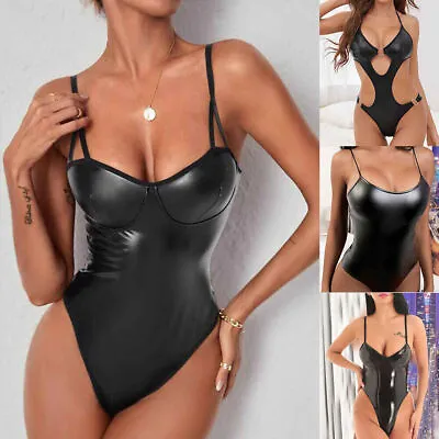 £7.79 • Buy Womens Sexy PU Leather Lingerie Bodysuit Wet Look Leotard Underwear Sleepwear