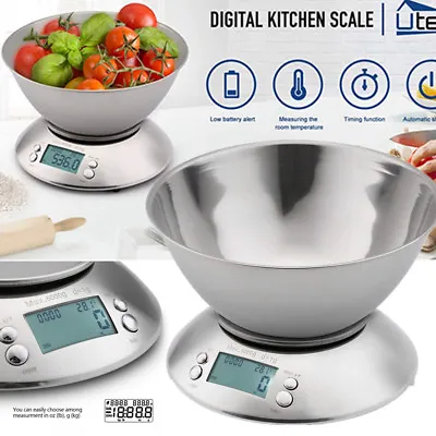 Kitchen Digital Weighing Scales Stainless Steel With Detachable Bowl 11lb/5kg • £17.49