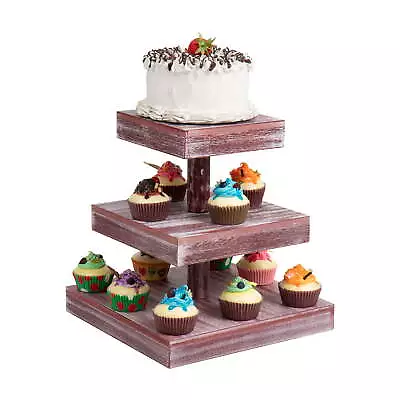 3 Tier Square Cupcake Tower Torched Wood Brown • $19.75