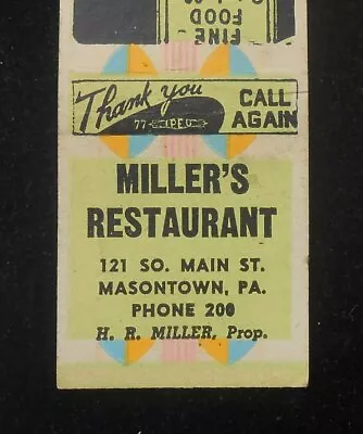 1940s Miller's Restaurant H. R. Miller Phone 200 121 So. Main St. Masontown PA • $5.82