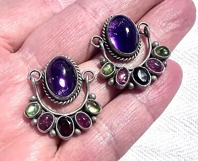 Vtg Sterling Silver Nakai Navajo Multi Gemstone Cluster Inlay Post Earrings • $75