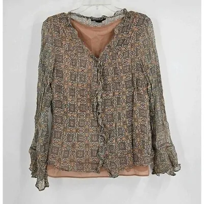 ECI New York 2 Piece Sheer 100% Silk Print Long Sleeve Blouse Over Tan Tank XL • $15.30