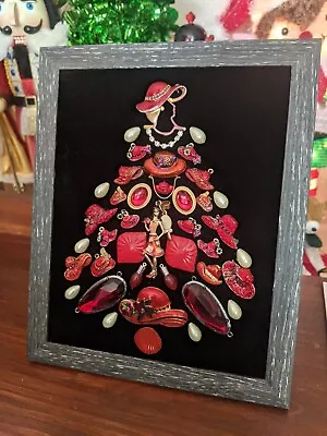 Red Hat Society Vintage Jewelry Christmas Tree Framed Art 8x10 • $230