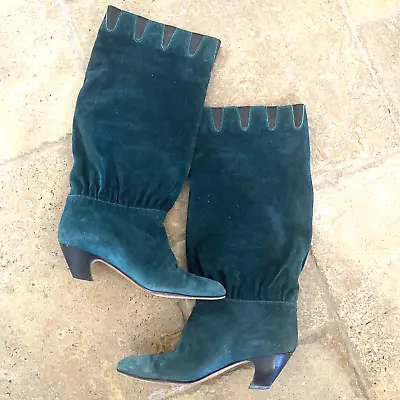 Vtg 1980s Green Suede Italian Leather Boots For BLT Sz 7 B Leather NEEDS REPAIR • $15