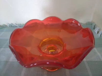 Vintage Viking Glass Red-Orange Ruffled Pedestal Candleholder • $10