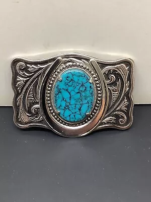 Vintage Southwestern Ornate Horseshoe Silver Tone & Turquoise Belt Buckle Estate • $39.99