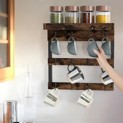 Rustic Mug Rack Wall Mounted With Shelf 12 Coffee Cup Hangers For Coffee Sugar • $29.91