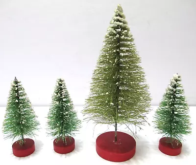 Vintage Wire Bottle Brush Christmas Trees Flocked Red Wood Bases LOT OF 4 • $27.89
