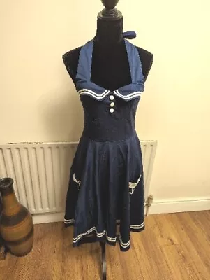 Navy Hell Bunny Vixen Motley Pinup Sailor Halter Dress Skull Blue M 12-14 Ladies • £29.99