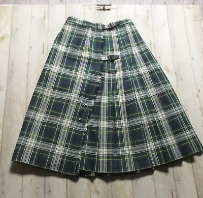 Wool Kilt Women 12 Green White Tartan Skirt Scottish Buckles Pin Wrap Adjustable • $27.22