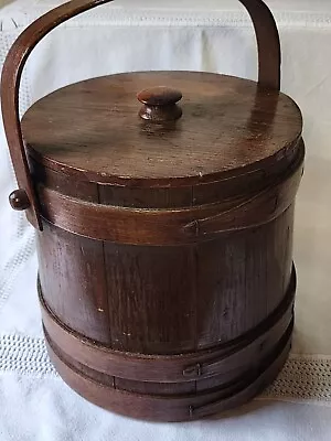 Vintage Primitive Farmhouse Firkin Sugar Bucket W Lid 9 3/4  Tall • $110