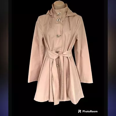 Betsy Johnson Hooded A-Line Trench Rain Coat Light Dusty Pink Rose Button S • $45