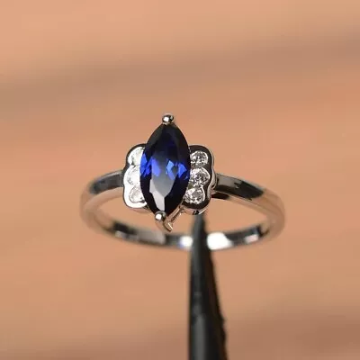 2Ct Marquise Cut Lab-Created Blue Sapphire Engagement Ring 14K White Gold Plated • $90.71