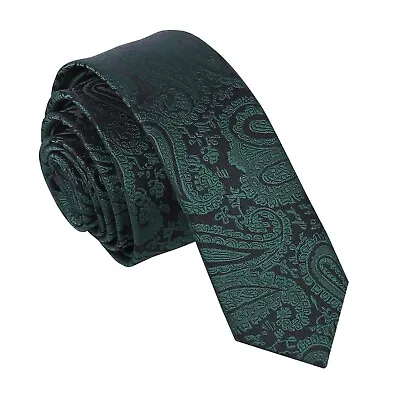 Emerald Green Skinny Tie Woven Floral Paisley Mens Formal Wedding Necktie By DQT • £8.49