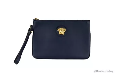 Versace Small Navy Pebbled Leather Wristlet Clutch Pouch Evening Bag • $359