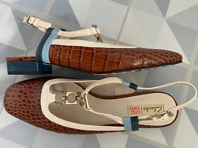 £69.99 • Buy New Orla Kiely Clarks Brown Croc Leather Barbara Flat T-bar Slingback Shoes 8 D