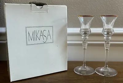 Pair Mikasa Crystal Jamestown Gold Rim 7 3/4  Candleholders ~ New! • $15.99