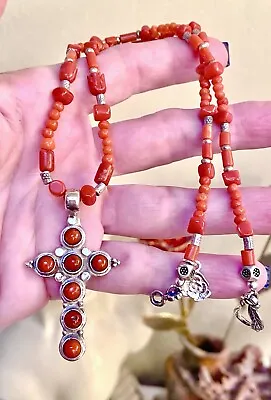 Antique/Vintage Sterling Silver Ornate Mediterranean Coral Cross Necklace • $128