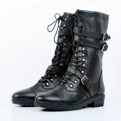 Women Combat Boots Mid-Calf Boots Low Thick Heel Lace Buckle Zip Shoes Size 4-20 • $69.99