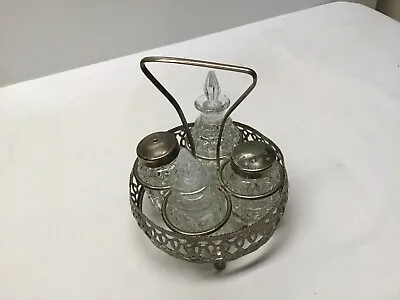 Vintage Cruet Condiment Caddy With Salt Pepper Vinegar & Oil With Lids • $13