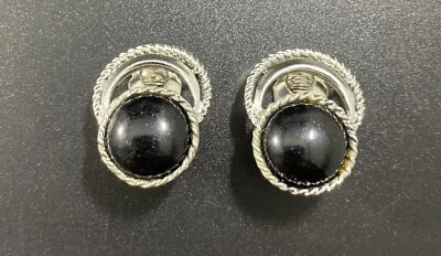 Sarah Coventry SAC Silver Tone Faux Black Onyx Earrings Vtg Signed • $14.50