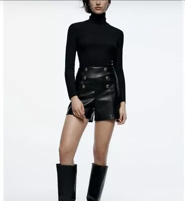 ZARA Faux Leather Black High Rise Shorts Size M • $42.50