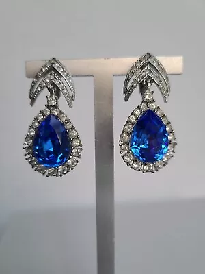 Vintage Sapphire Blue & Clear Rhinestone Drop Dangle Clip Earrings • $29.90