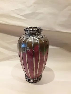 Japanese Meiji Period ART Vase W/silver Basket Weave Overlay 5  Tall 1910 • $300